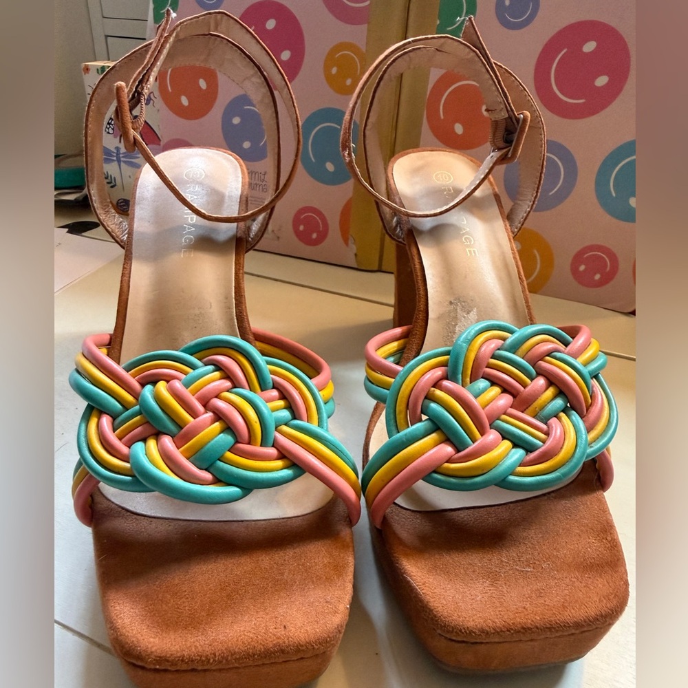 Rampage Women’s Multicolor Braided Strap Platform Sandals - Pink/Yellow/Teal